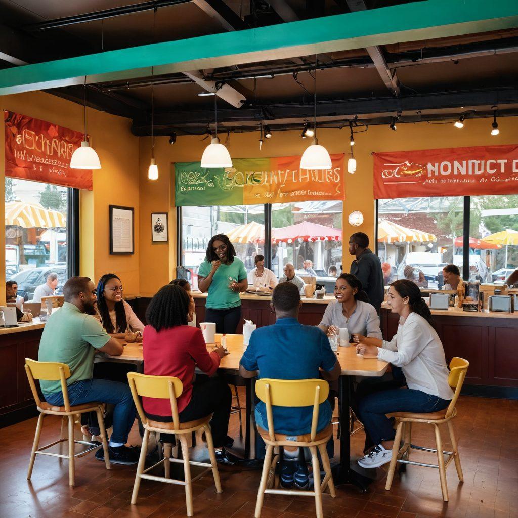 A vibrant scene depicting a diverse group of individuals networking in a lively café in Gaylord, with bright banners promoting job opportunities in the background. Capture elements of connection, such as handshakes and social interactions, infused with diverse cultural symbols to signify inclusivity. The setting should have warm lighting to evoke a sense of community and professionalism. super-realistic. vibrant colors. warm tones.