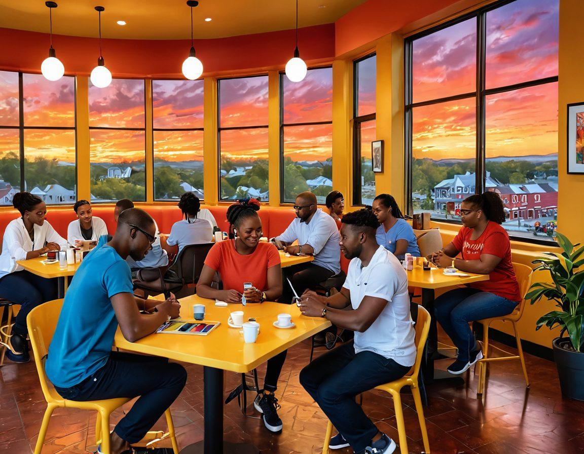 A vibrant scene depicting a diverse group of individuals engaged in various career activities like painting, coding, and discussing ideas in a colorful café, symbolizing passion and collaboration. In the background, a warm sunset casts soft golden light, enhancing a romantic atmosphere, while symbols of the Gaylord community interweave with elements of love and creativity. Bright, welcoming colors accentuate the diversity and connection of everyone involved. super-realistic. vibrant colors. warm lighting.
