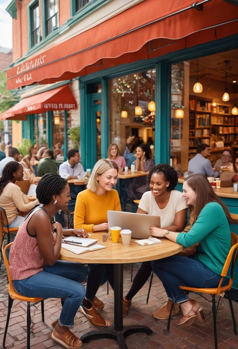 A lively city scene in Gaylord, showcasing diverse individuals networking in a cozy café, with elements of career growth like books and laptops on a table, and heartfelt connections illustrated through warm gestures and smiling faces; vibrant colors capturing the essence of community spirit. bright and cheerful. super-realistic.